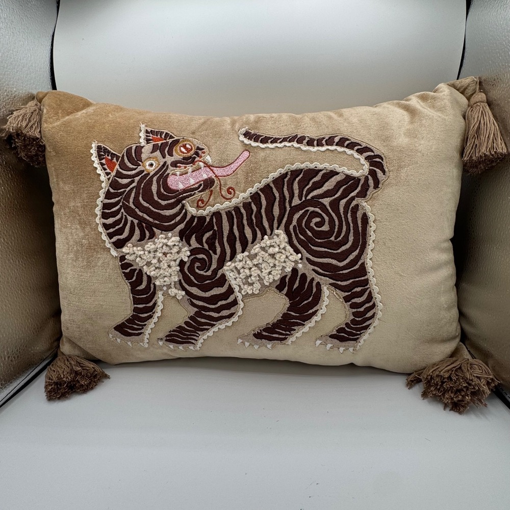 Anthropologie Tibetan Tiger Embroidered Tassel Lumbar Throw Pillow Tan Velvet